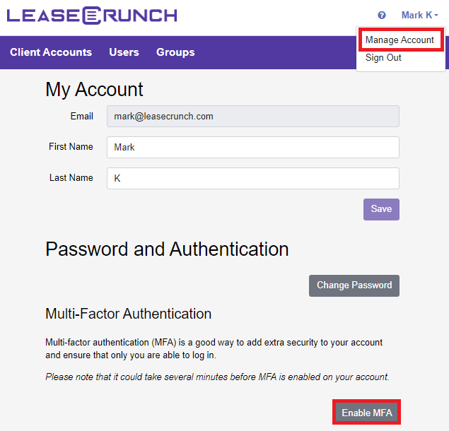 Manage account