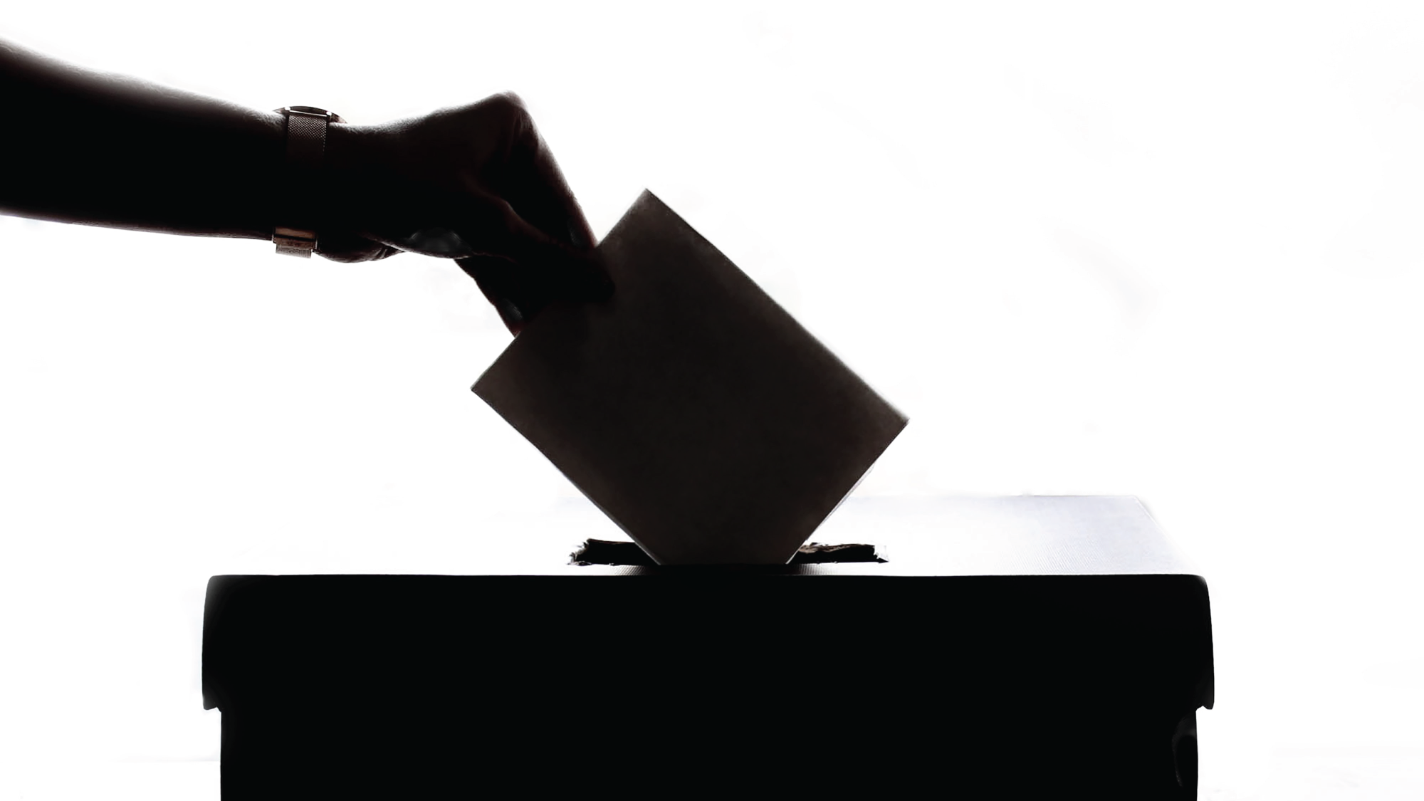 A person puts a ballot into a box.